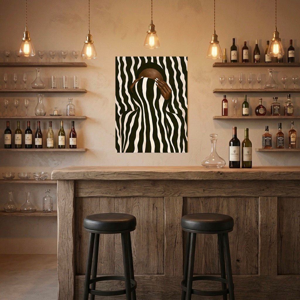 Optical Illusion Abstract Wall Art: Black Woman Neutral Striped Poster