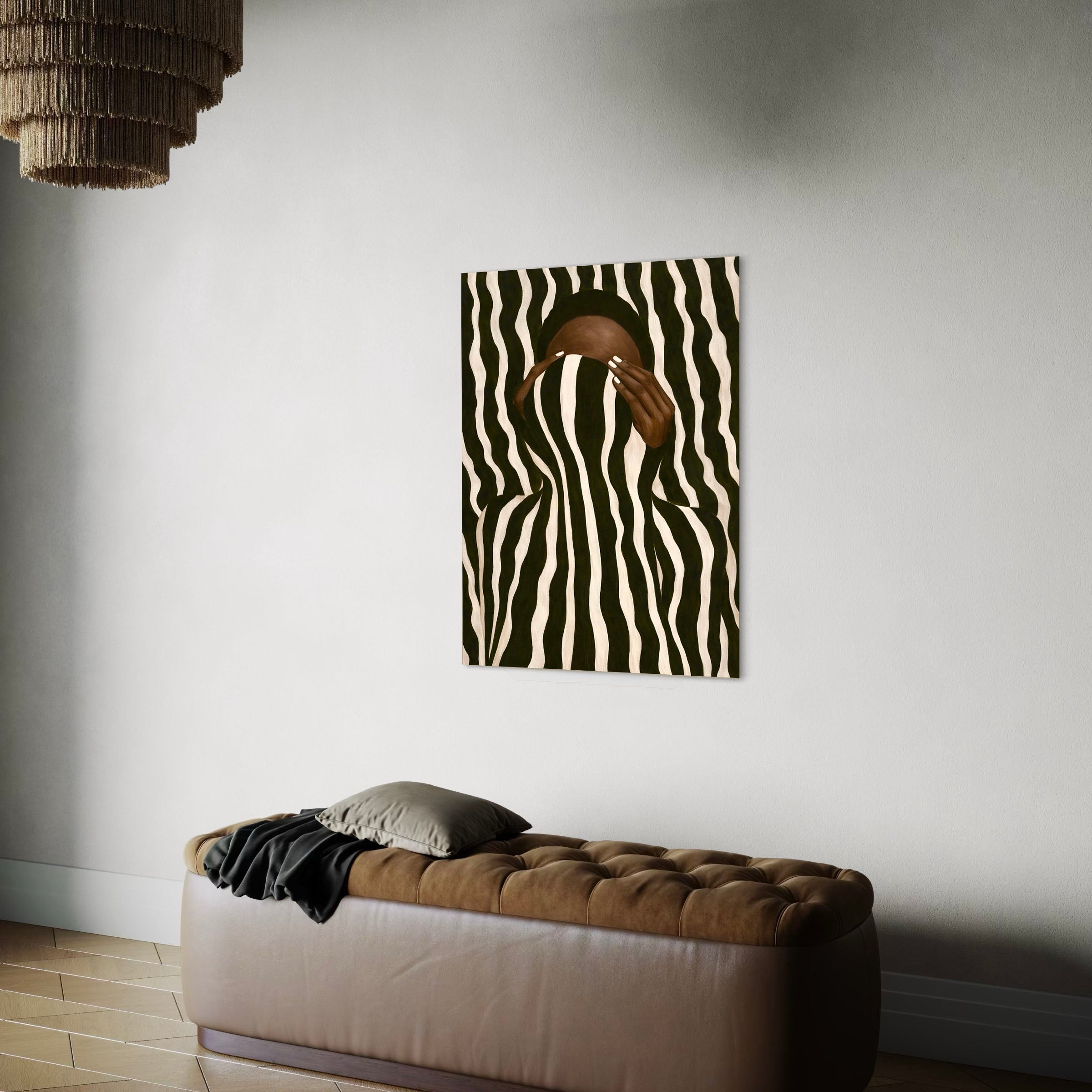 Optical Illusion Abstract Wall Art: Black Woman Neutral Striped Poster