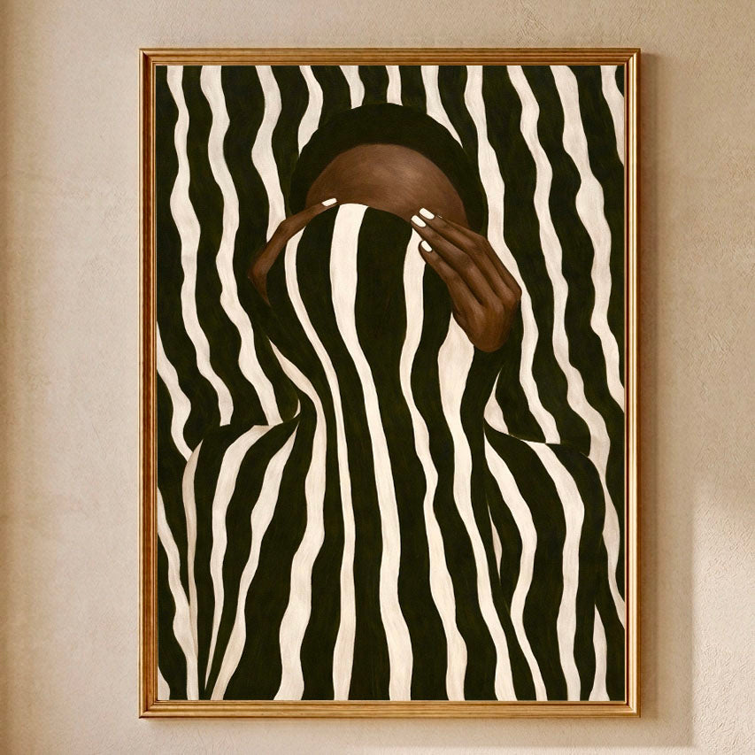 Optical Illusion Abstract Wall Art: Black Woman Neutral Striped Poster