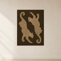 Neutral leopard wall art poster with two beige leopards on a dark brown background