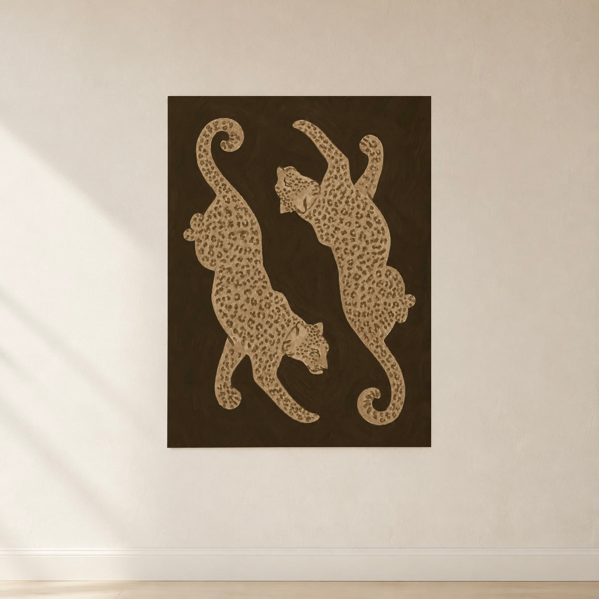 Neutral leopard wall art poster with two beige leopards on a dark brown background