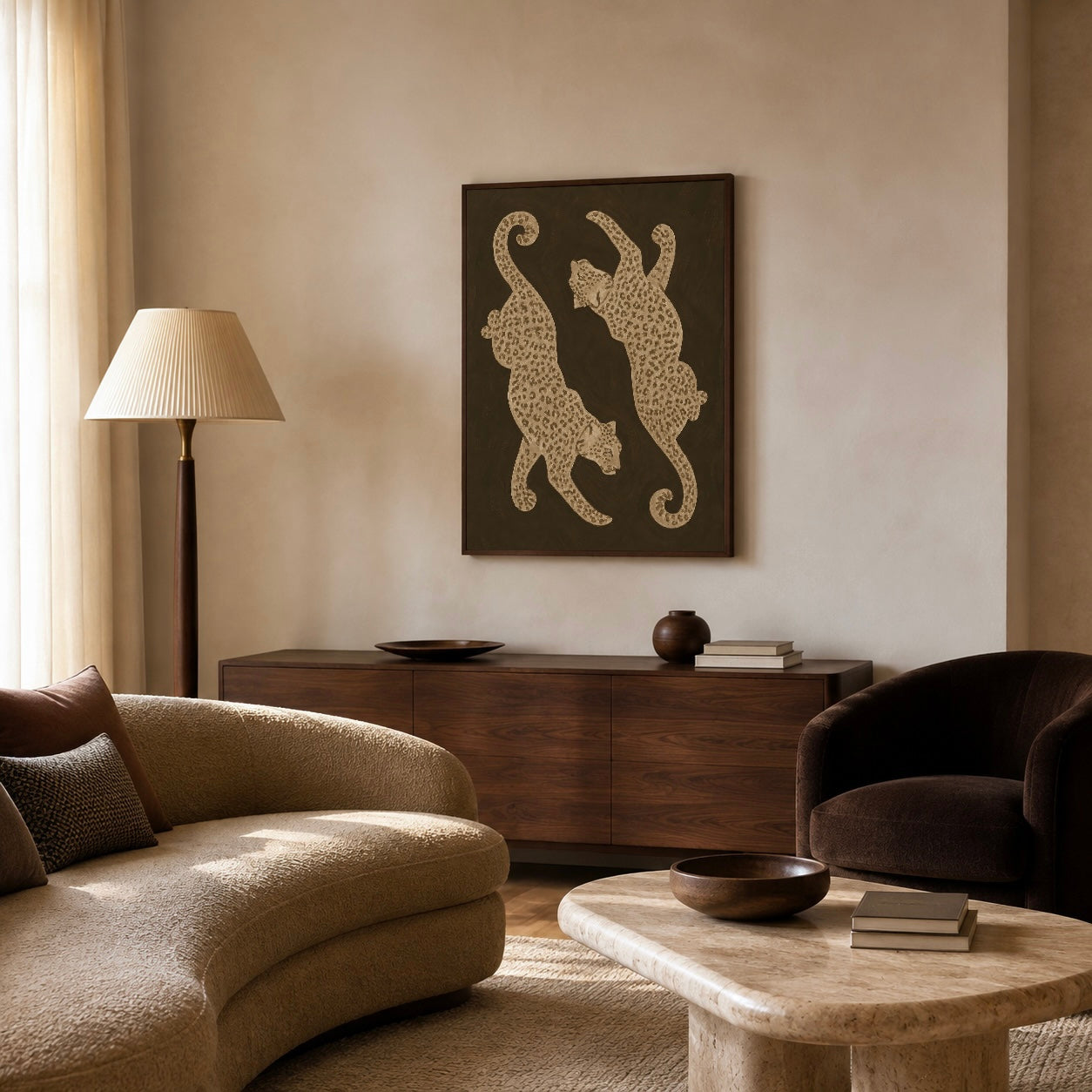 Neutral leopard wall art poster styled in a warm modern living room