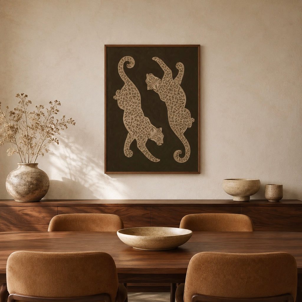 Brown leopard animal print displayed above a wooden dining table