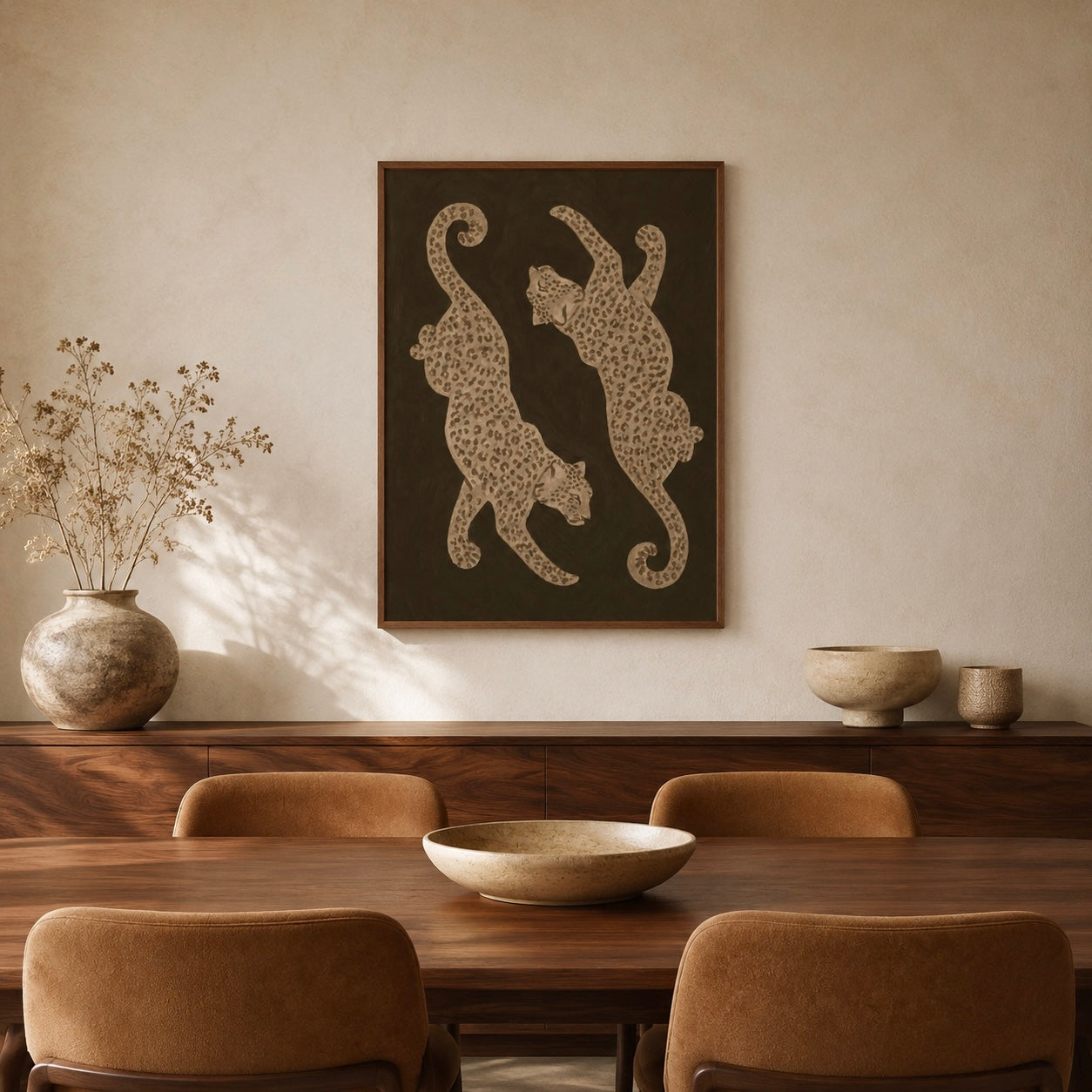 Brown leopard animal print displayed above a wooden dining table