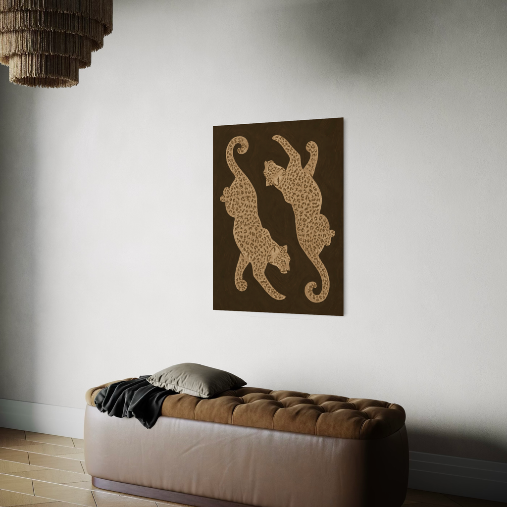 Safari-inspired leopard wall art poster displayed in a minimal modern interior