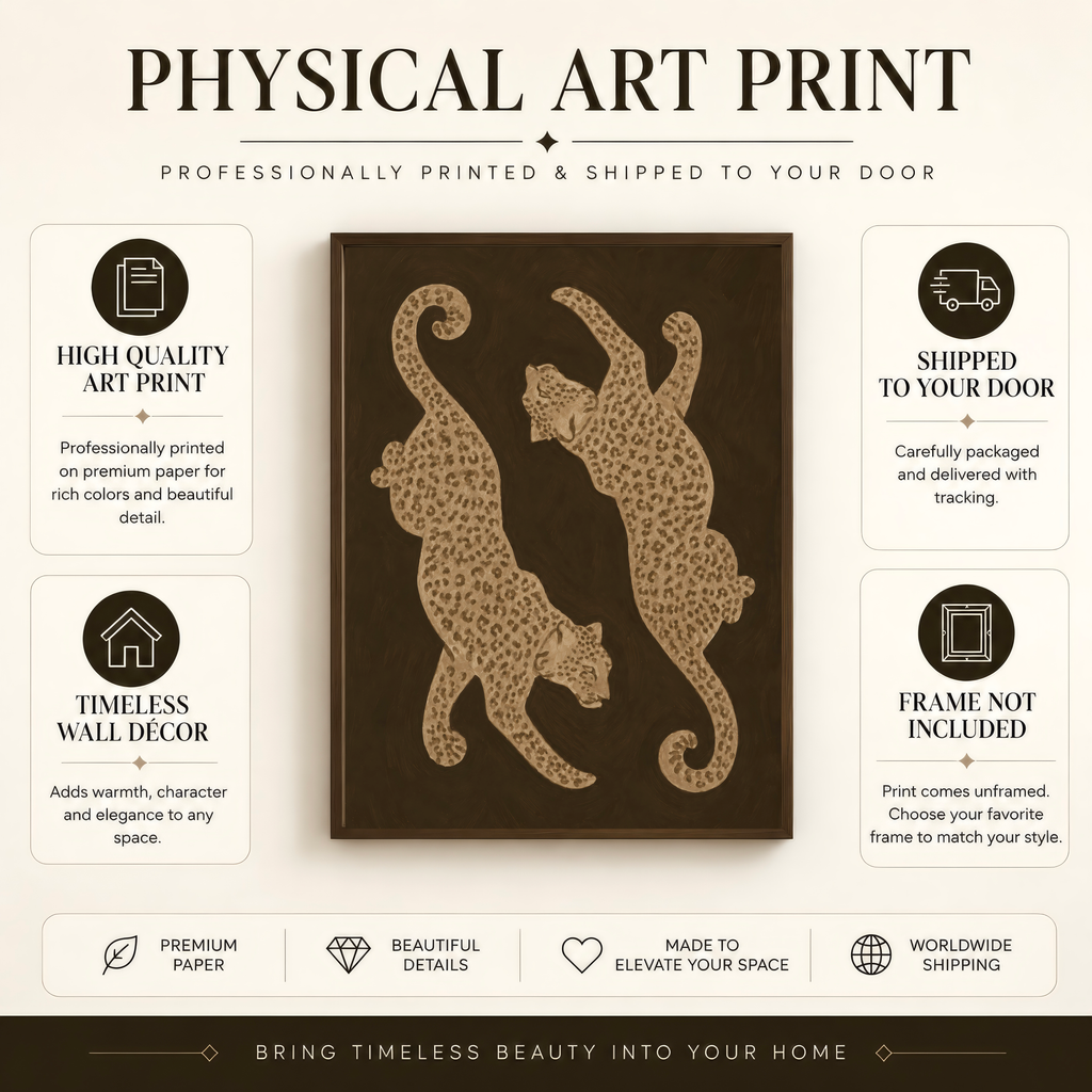 Physical leopard art print information showing premium paper and frame not included