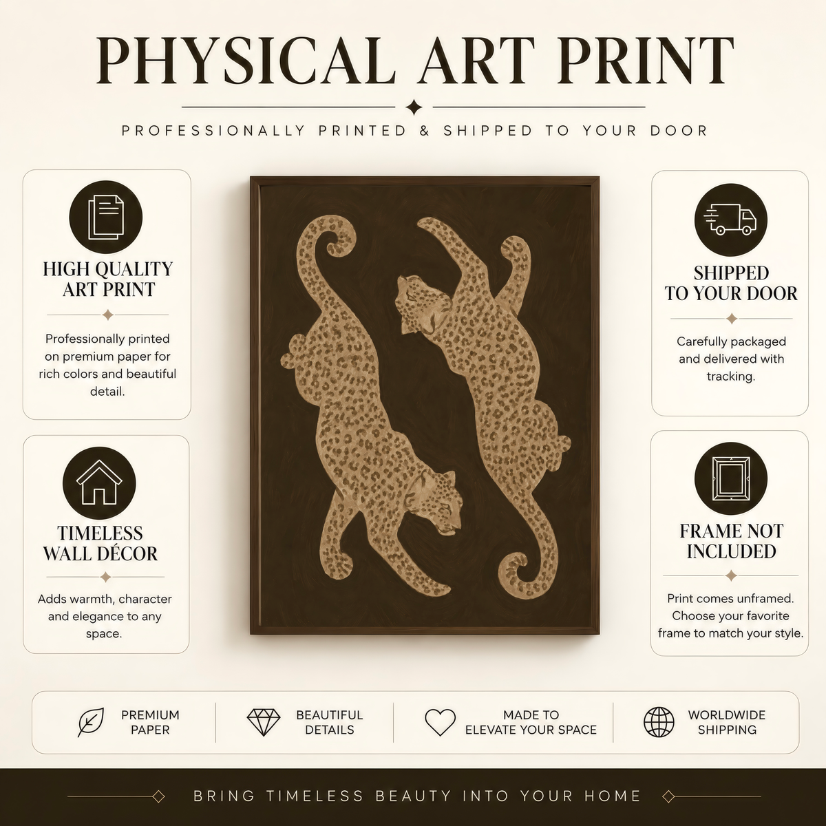 Physical leopard art print information showing premium paper and frame not included