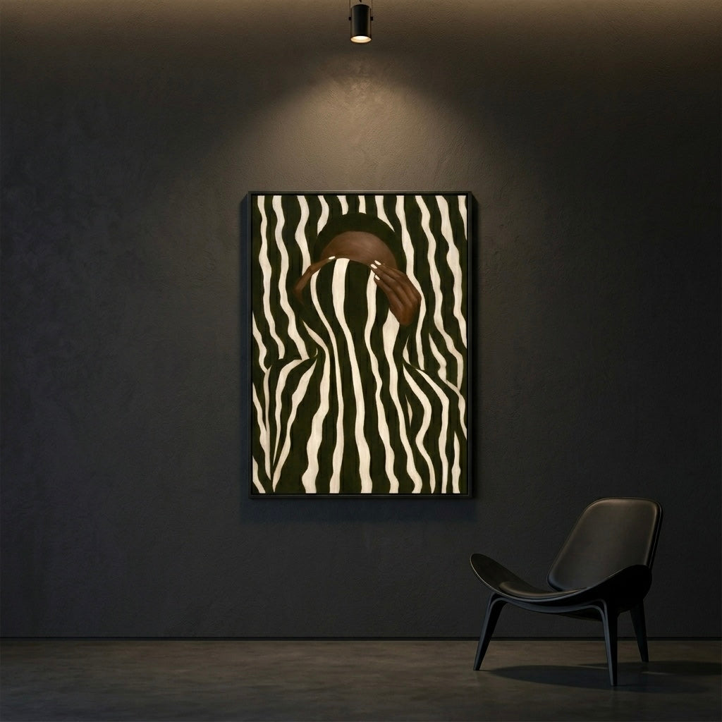 Optical Illusion Abstract Wall Art: Black Woman Neutral Striped Poster