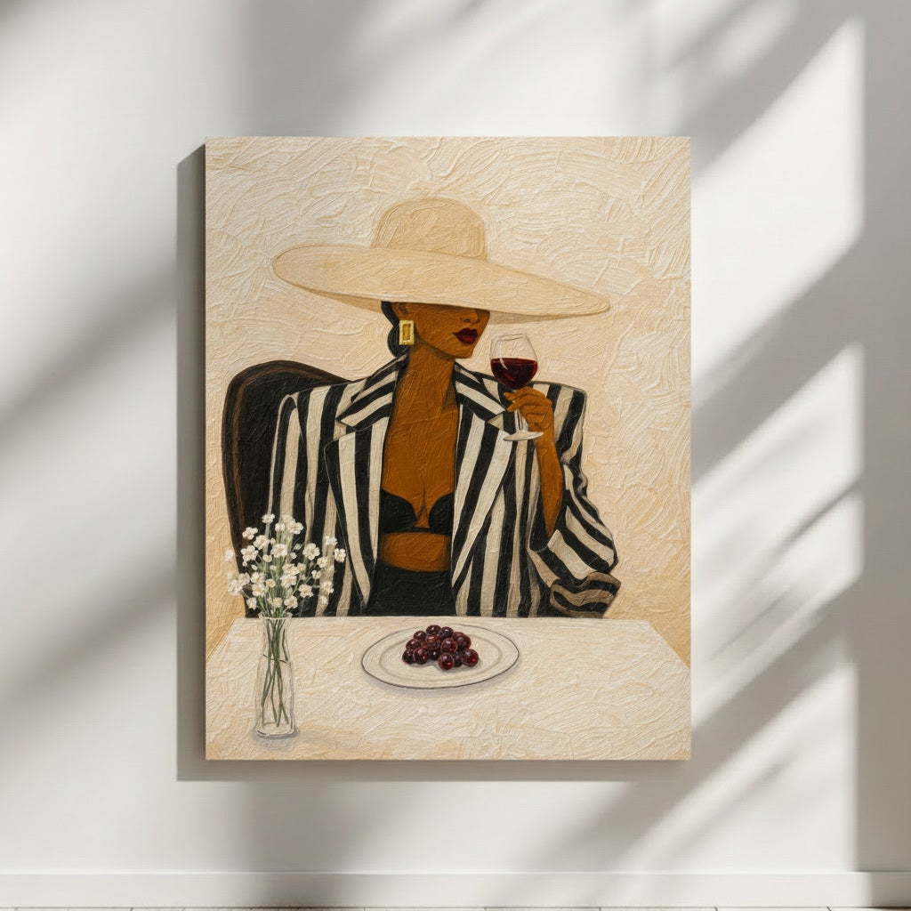 Black woman wall art print featuring a fashion portrait of a woman wearing a wide-brim beige hat and striped blazer, seated at a table with a glass of wine and grapes in a modern interior setting.
