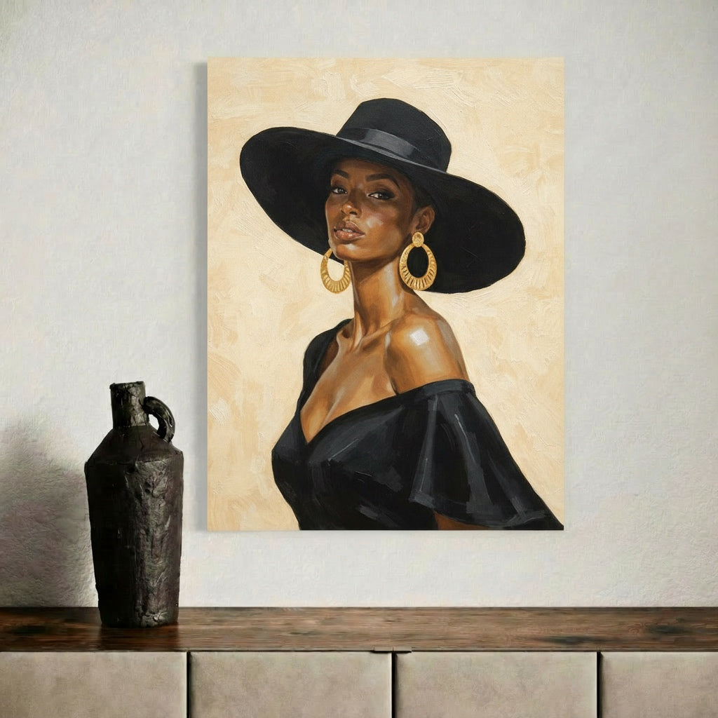 Black woman art print styled as afro home decor in a neutral interior. 