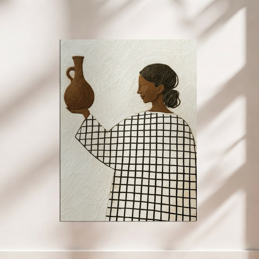 Abstract black woman wall art print holding a ceramic vase, modern minimalist portrait artwork