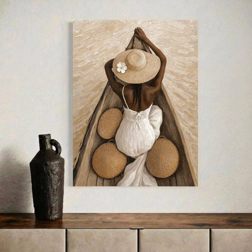 Modern coastal portrait art print with straw hat and white dress