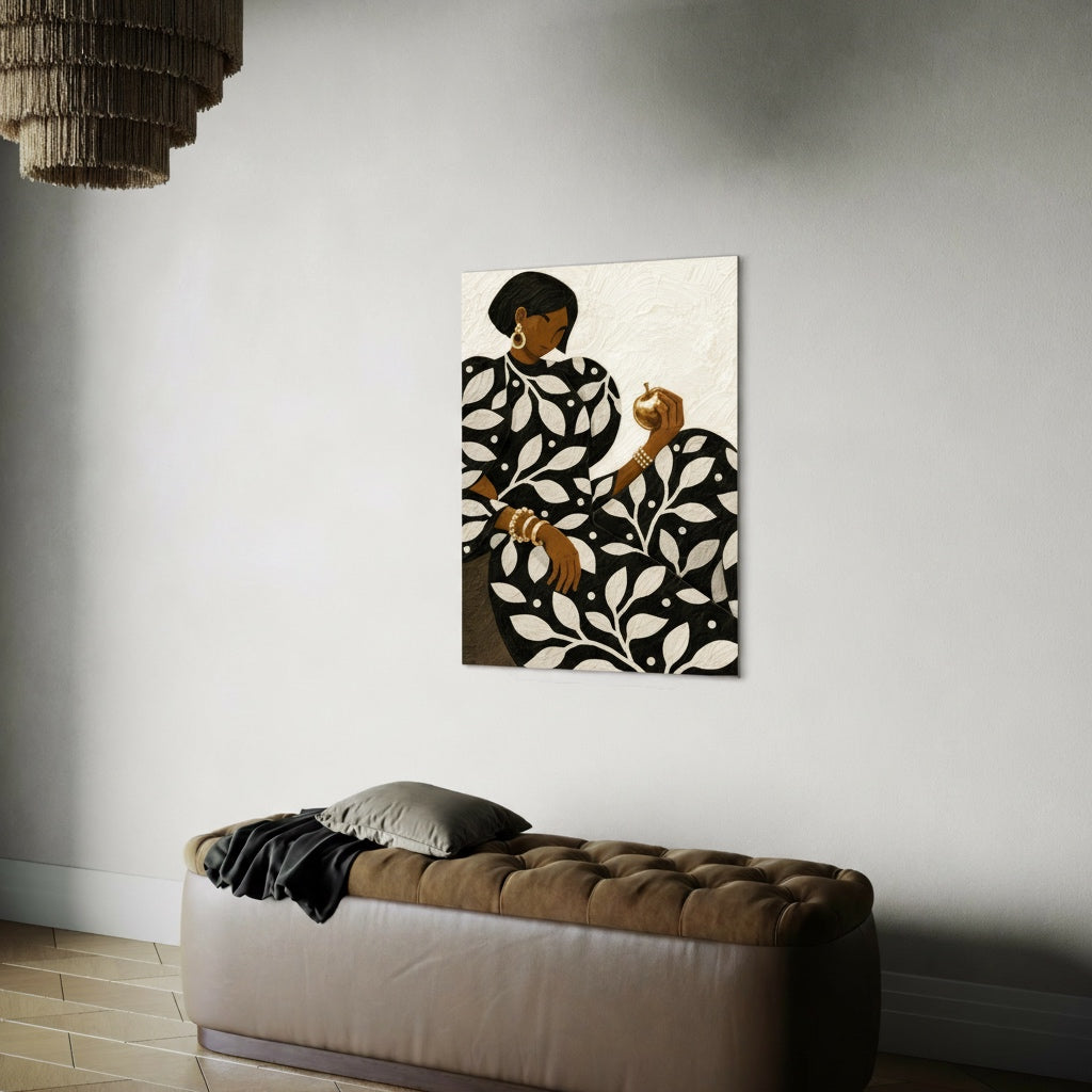 Modern Abstract Black woman wall art print above a bench in a neutral interior with minimalist styling.