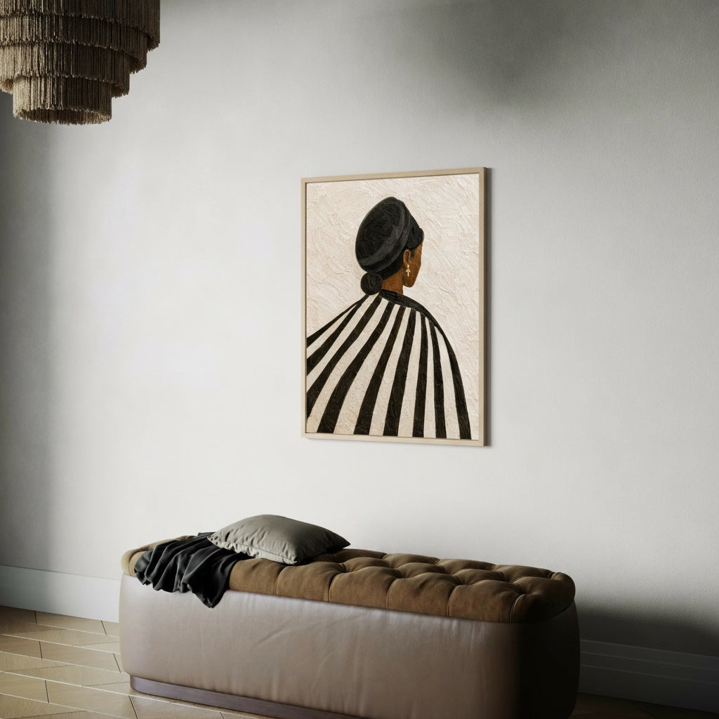 Minimalist Black woman wall art print styled in a modern interior with neutral colors and black-and-white stripes