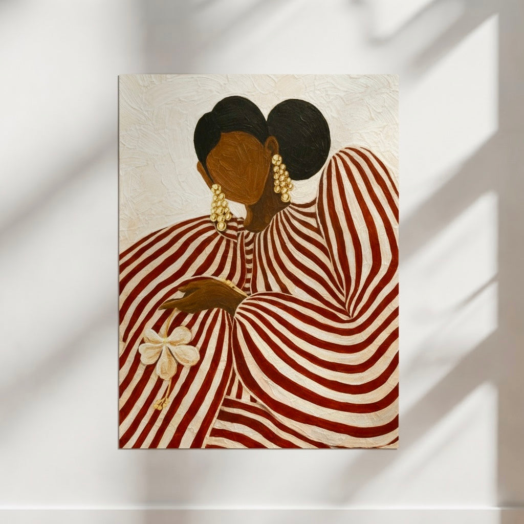 Black Woman Modern wall art print of a woman wrapped in bold red and white striped fashion dress, abstract modern art print for contemporary interiors.