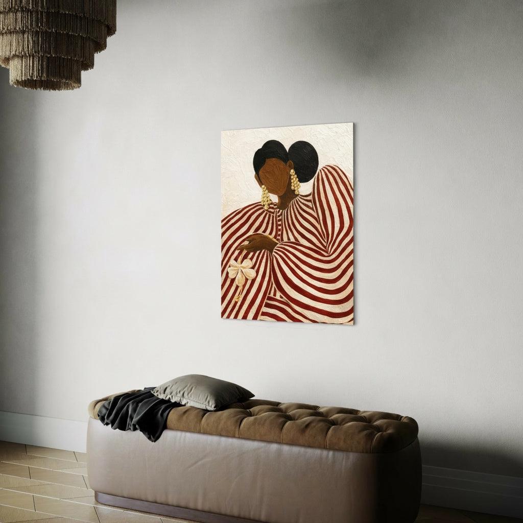 Black woman wall art print displayed in a modern interior, featuring red striped patterns and abtsract Afrocentric style.