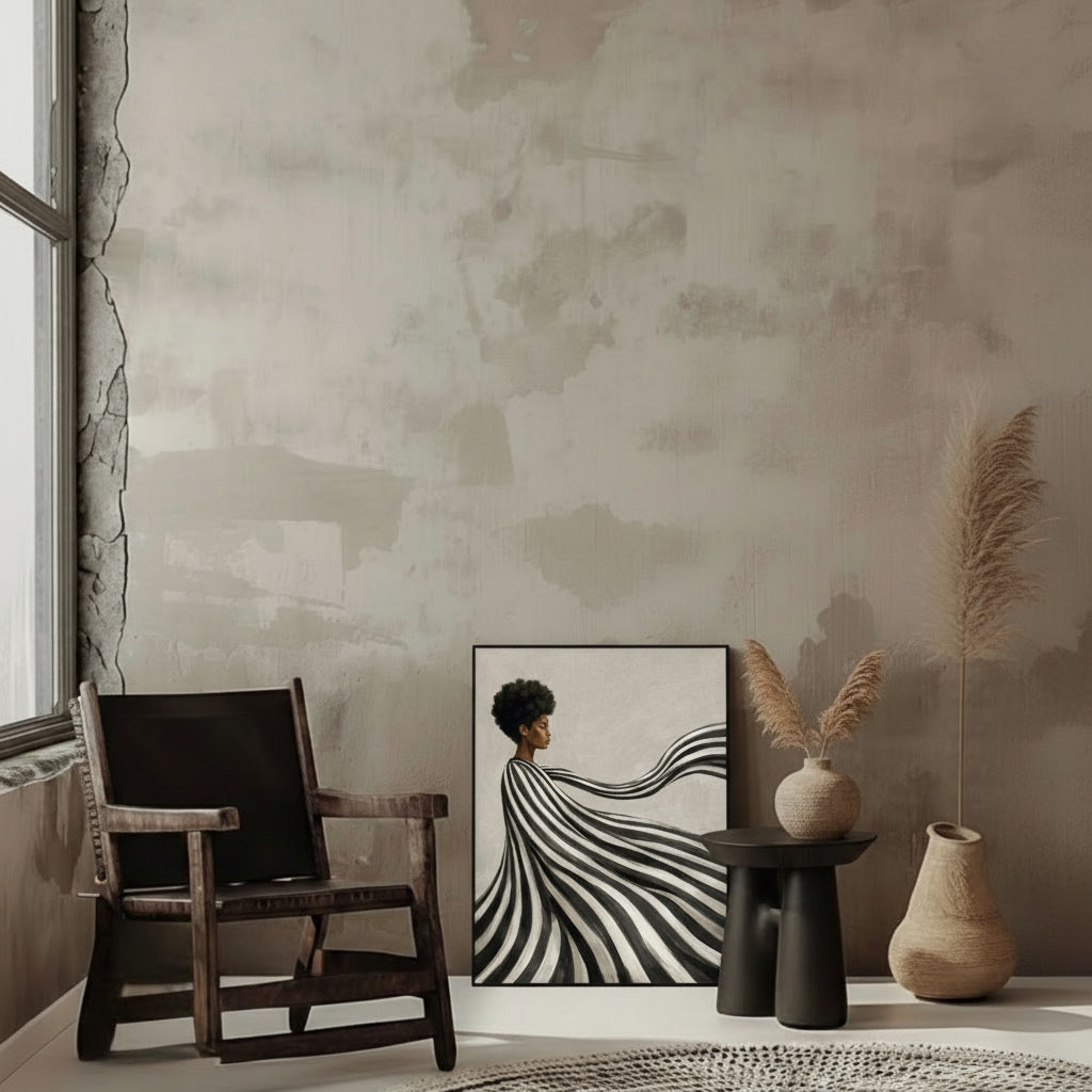 Abstract modern black woman wall art styled in a minimalist gallery studio