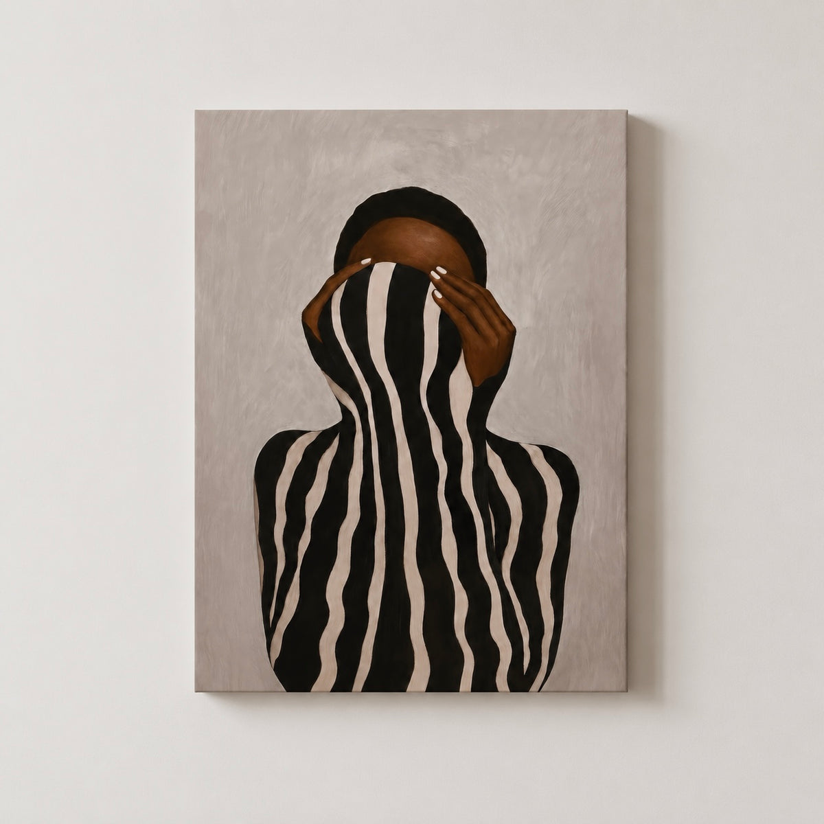Front view of neutral canvas wall art featuring an abstract Black woman in black and cream stripes