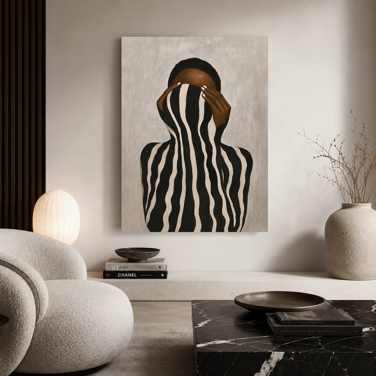 Neutral Black woman canvas wall art styled in a warm modern living room