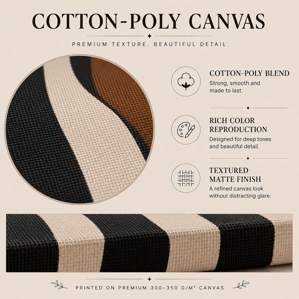 Close-up of cotton-poly canvas texture with black, cream and brown printed details
