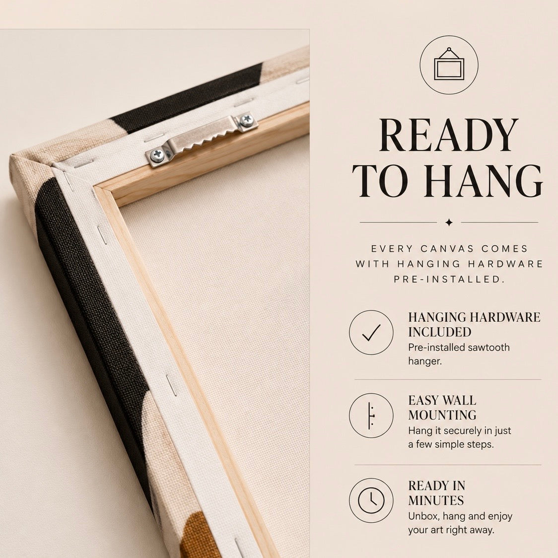 Back of stretched canvas showing pre-installed hanging hardware