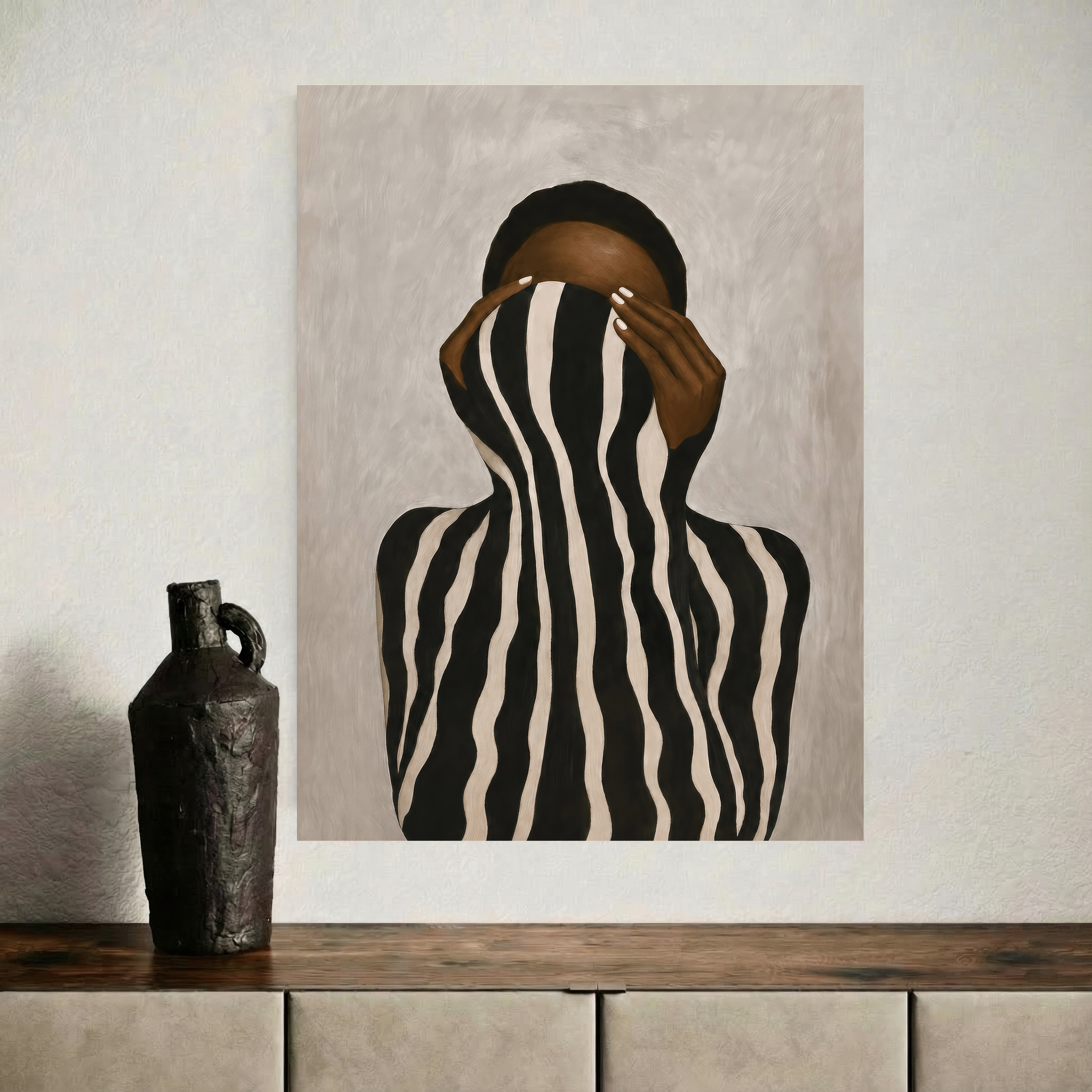 African American portraiture poster with monochrome abstract lines creating bold contrast. 