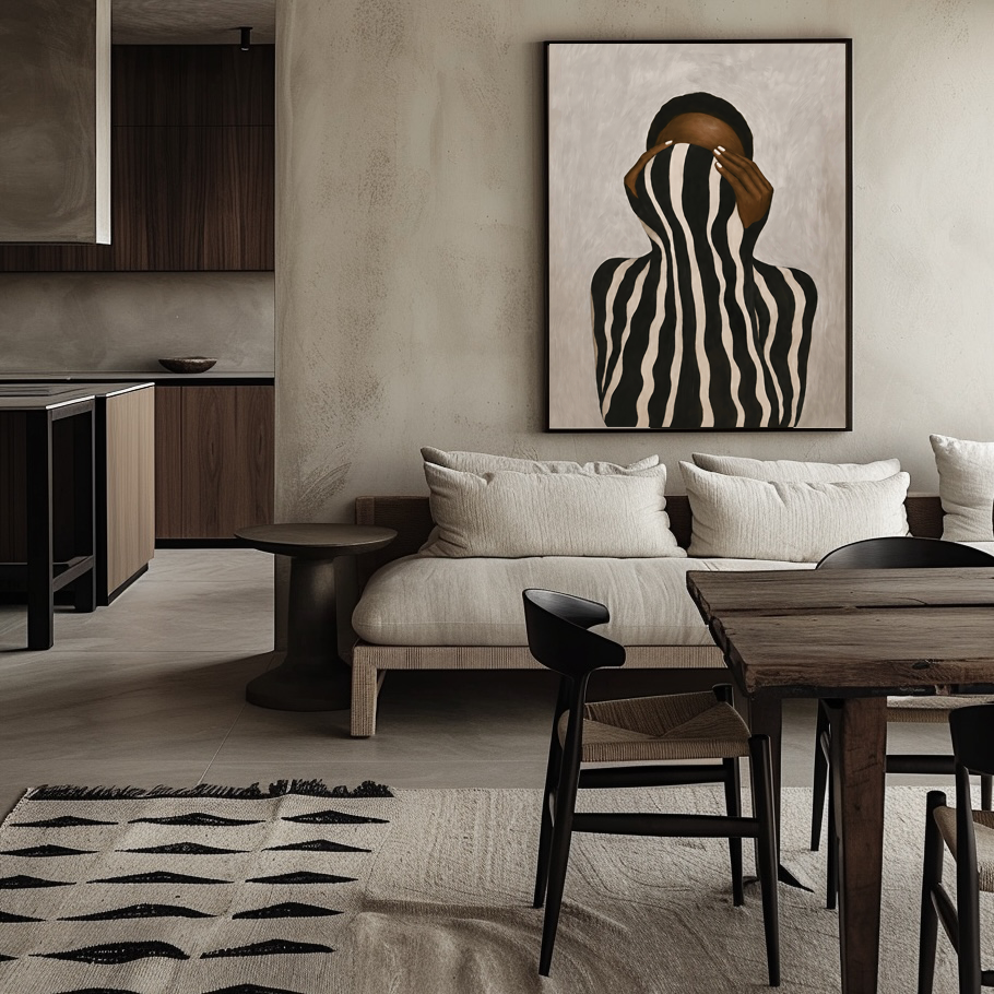 Faceless striped Afrocentric woman poster in a modern neutral interior.