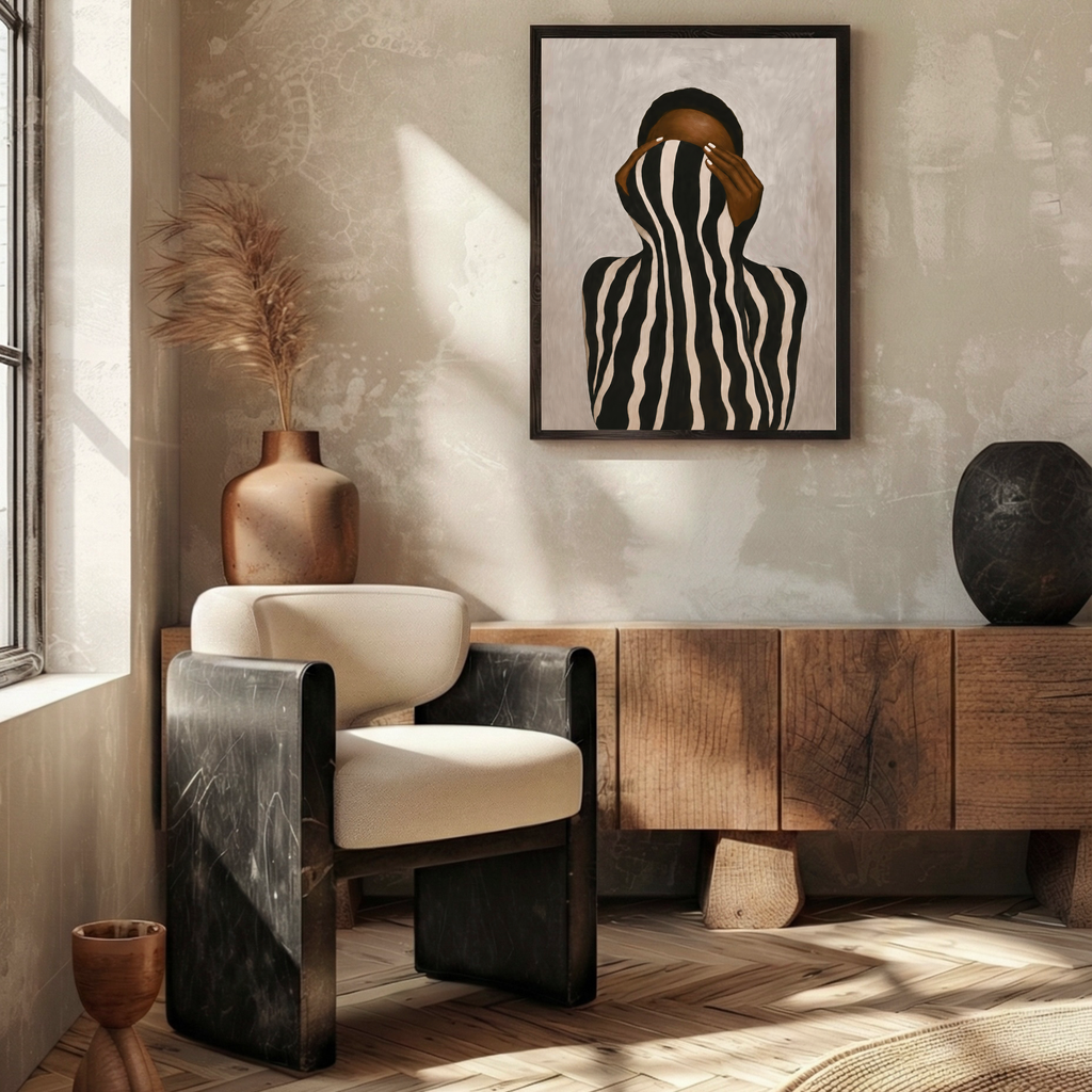 Contemporary Afrocentric fashion woman artwork styled as living room wall art
