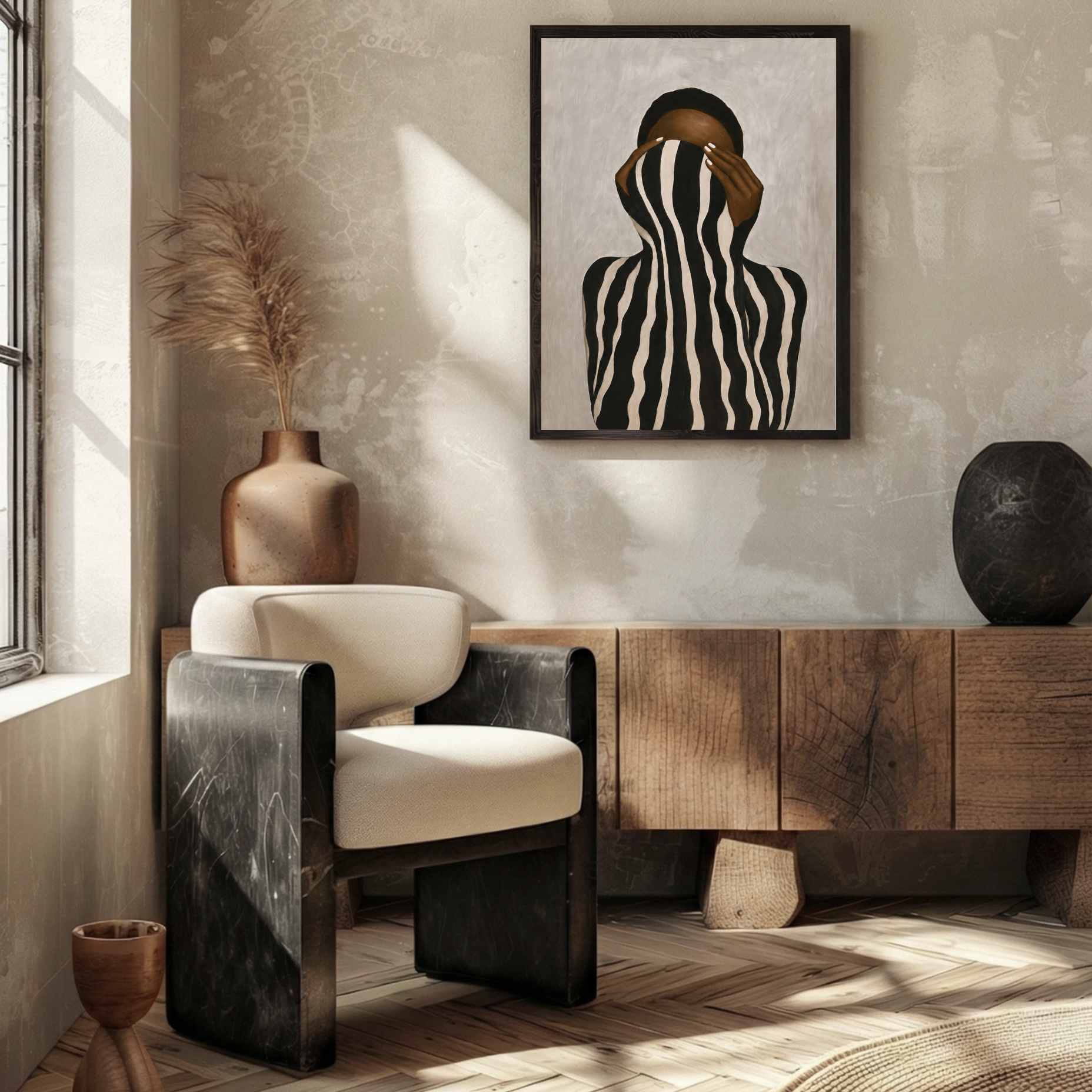 Contemporary Afrocentric fashion woman artwork styled as living room wall art