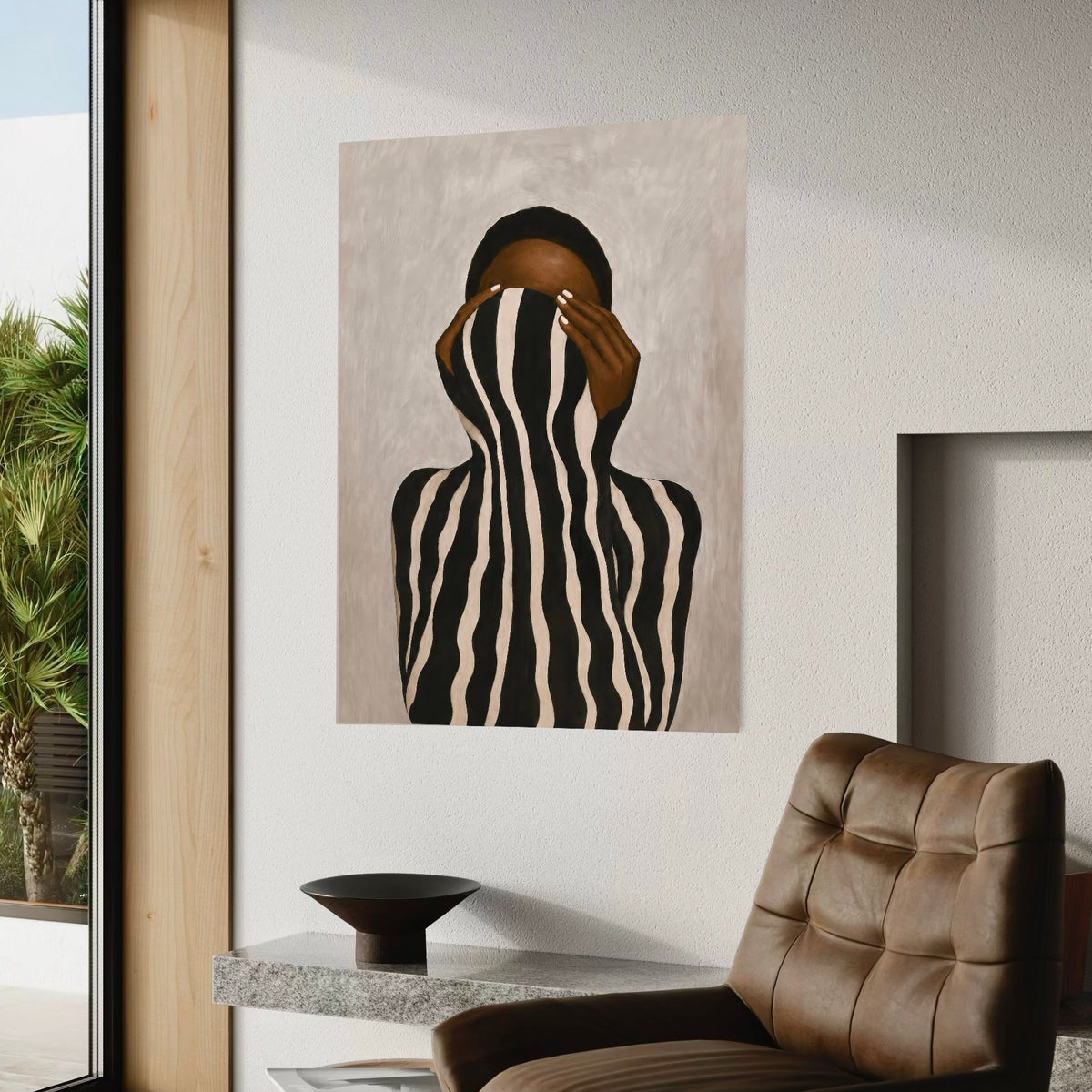Minimalist Black woman artworkt with striped clothing and a hidden face.