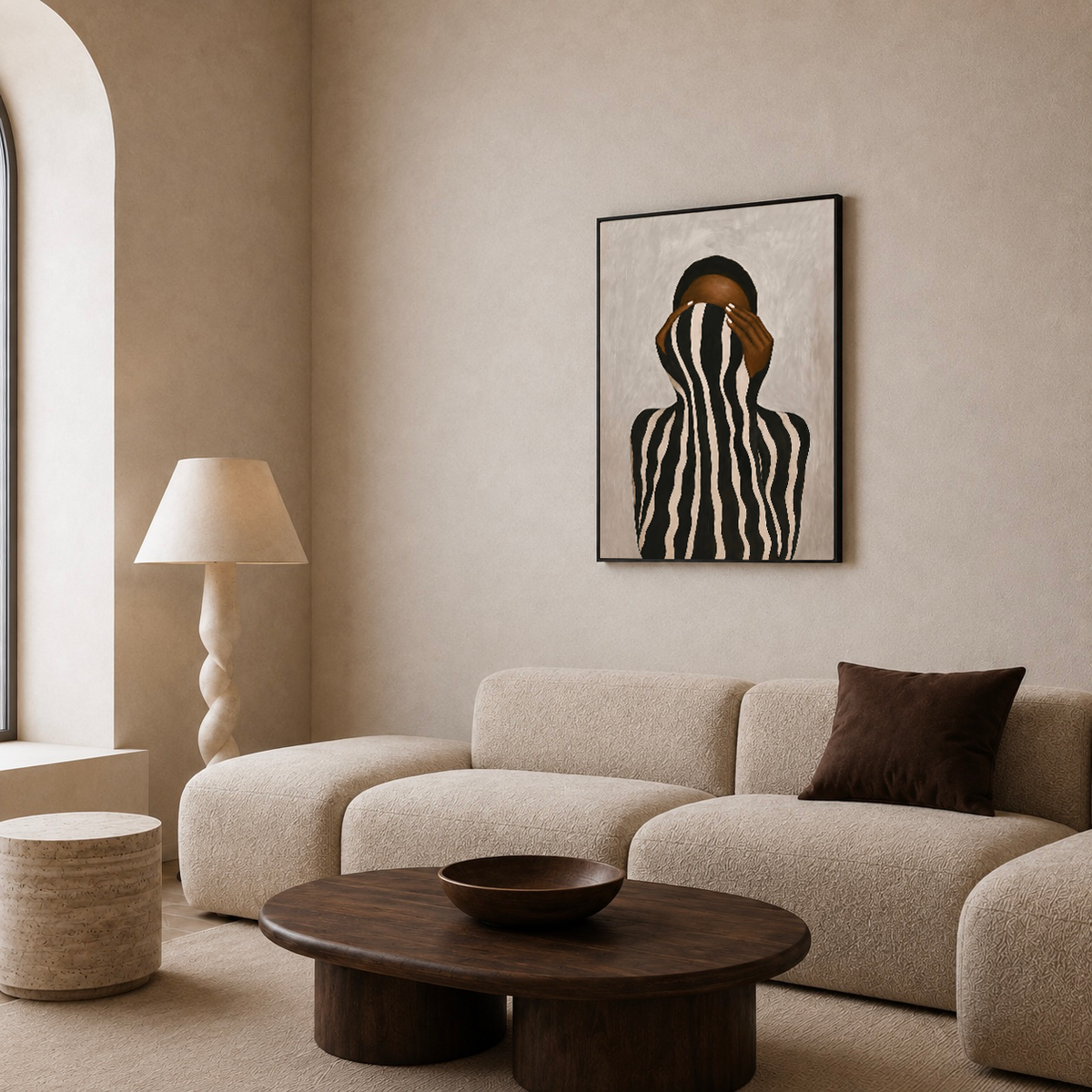 Modern African American woman wall art print with flowing black and ivory stripes.