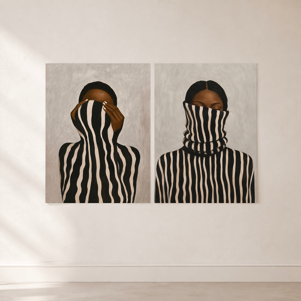 Minimalist set of two striped female portrait posters on a light neutral wall.
