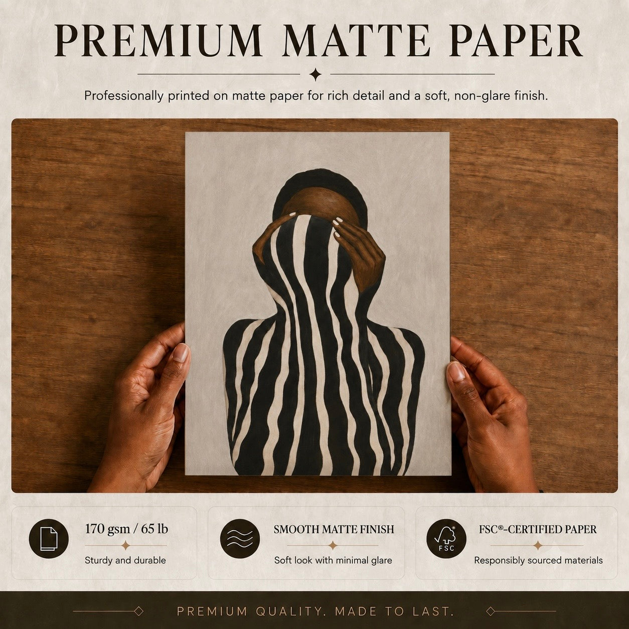 Close-up of a female portrait poster printed on premium matte paper with quality details.