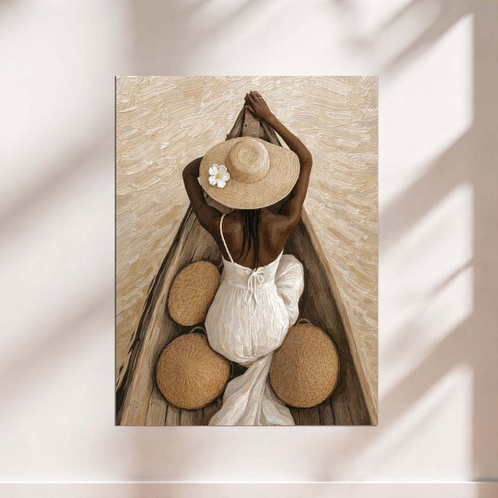 Black woman wall art print of woman sitting in wooden boat wearing straw hat