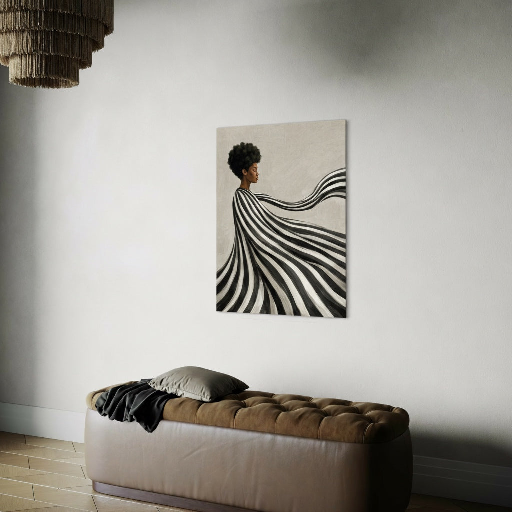 Afrocentric portrait of a black woman with lines in a modern neutral living room