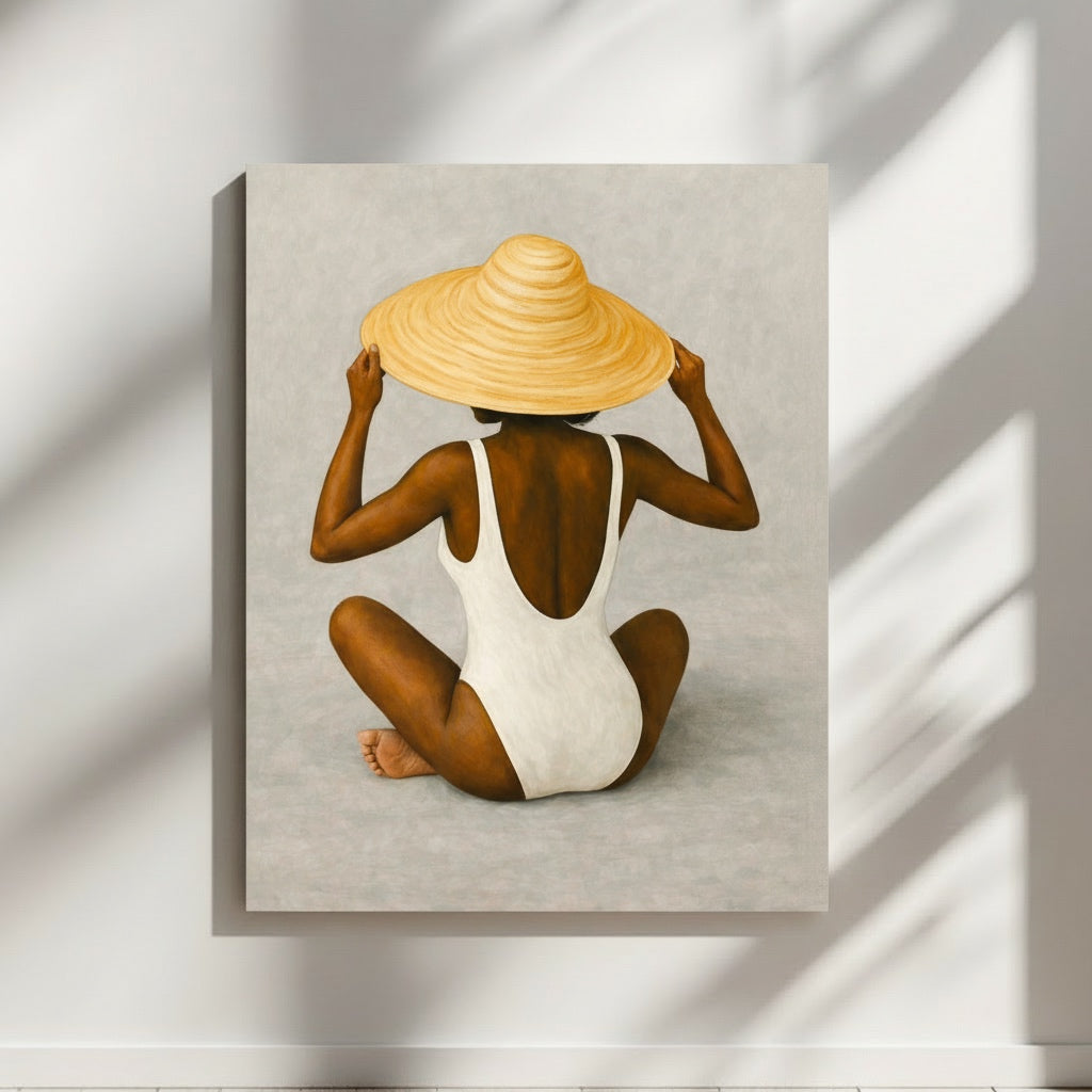 Modern summer wall art featuring a black woman in a swimsuit and strawhat