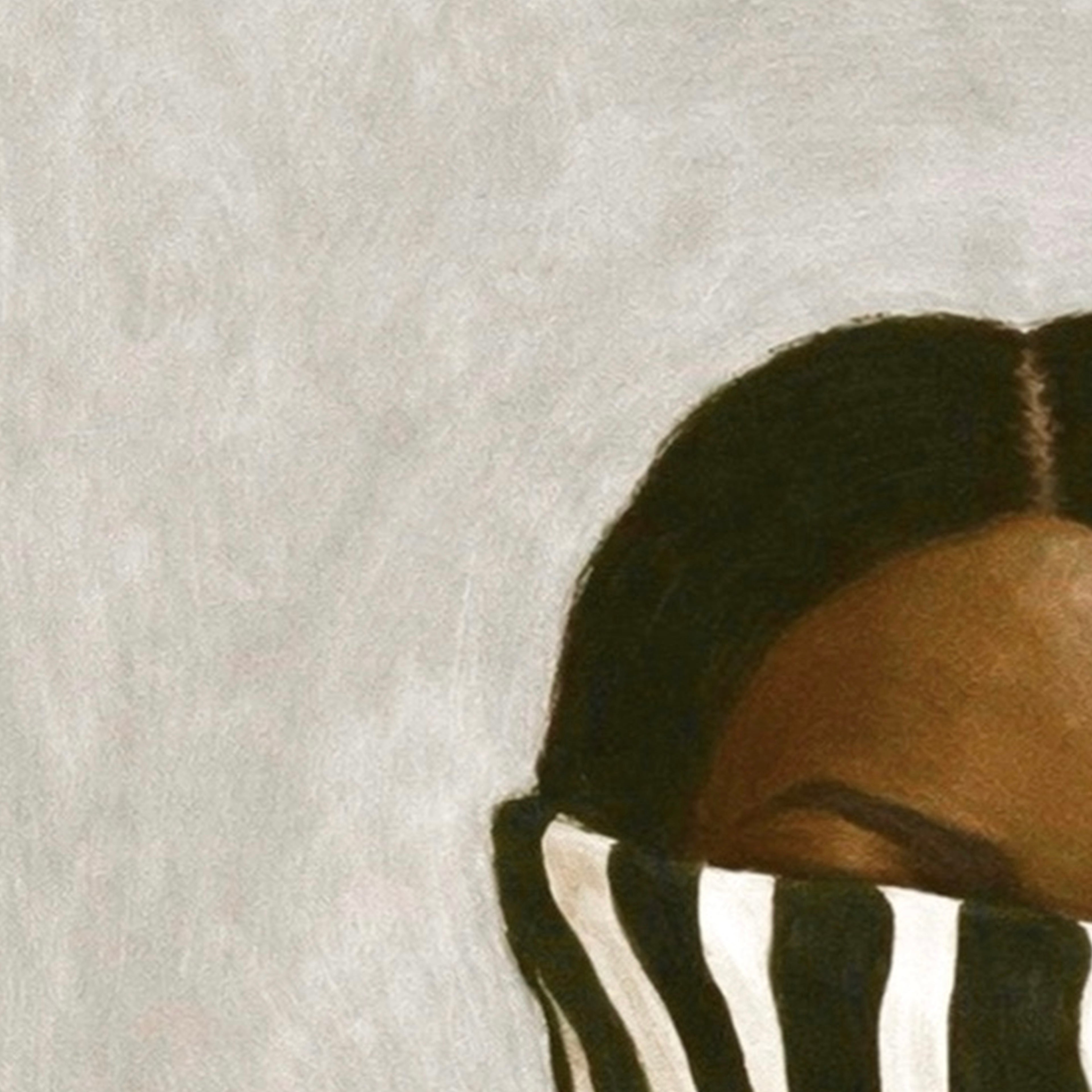 Close-up detail of a portrait painting showing striped fabric and natural hair against a neutral background