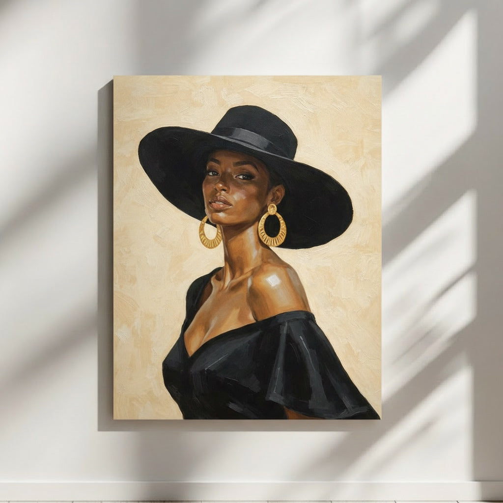 Portrait wall art of a Black woman wearing a black hat, painted in warm tones and a modern realistic style.