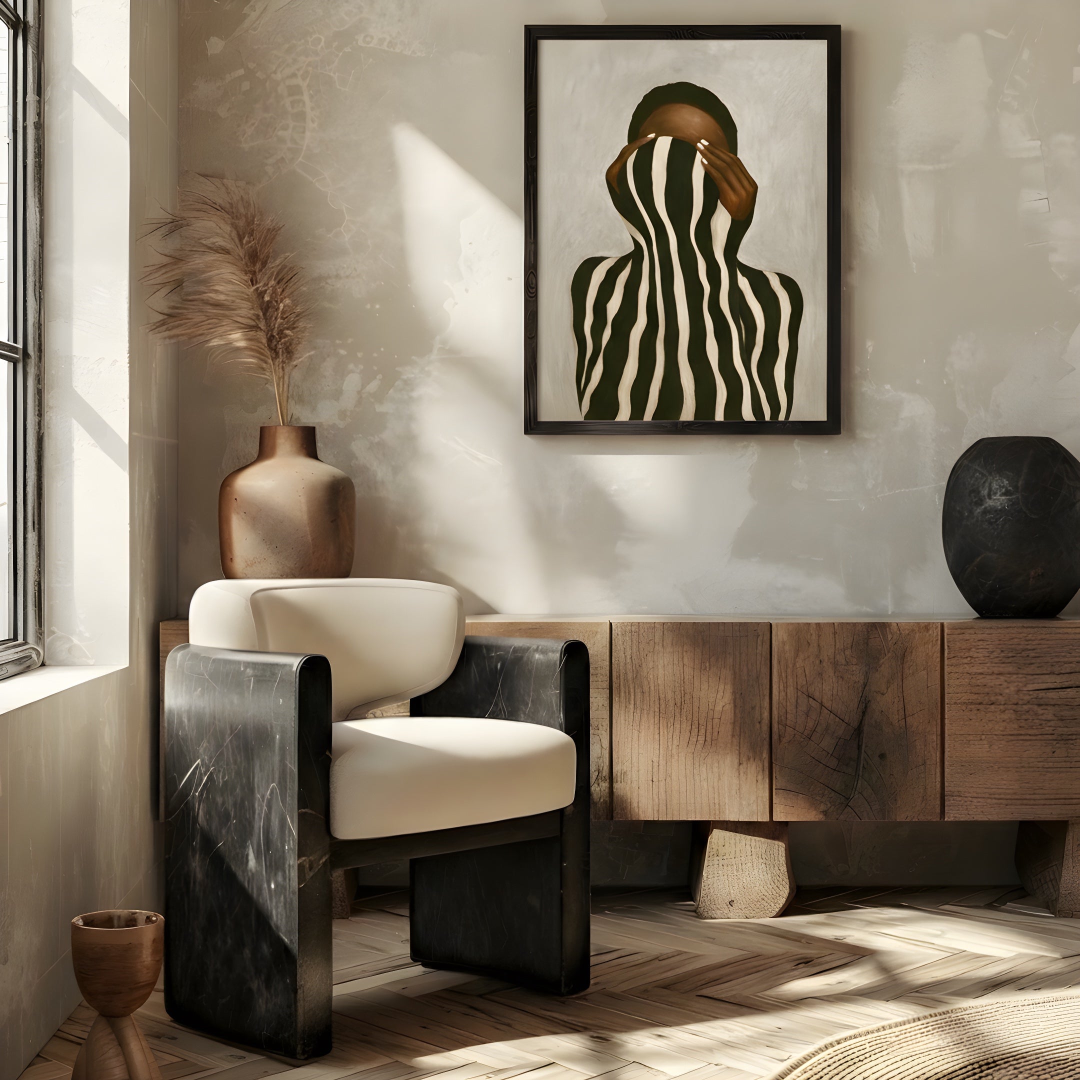 Abstract poster of a Black woman in a minimalist living room