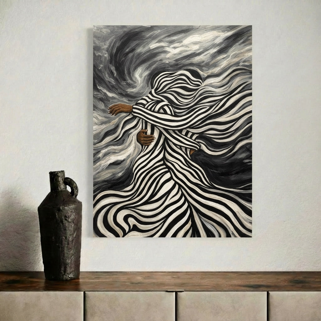Abstract Art print of two black women with black-and-white stripes