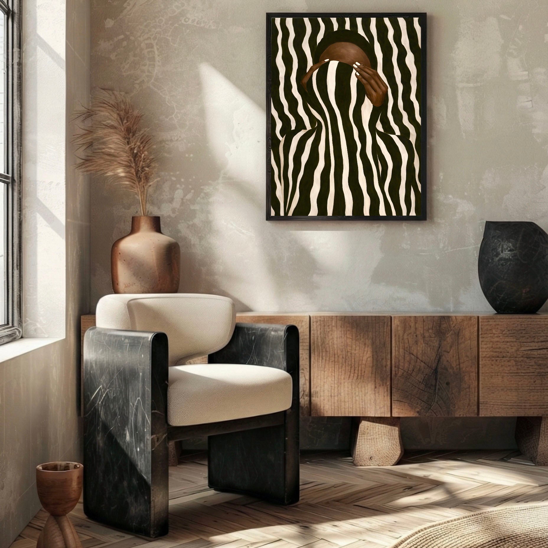 Optical Illusion Abstract Wall Art: Black Woman Neutral Striped Poster