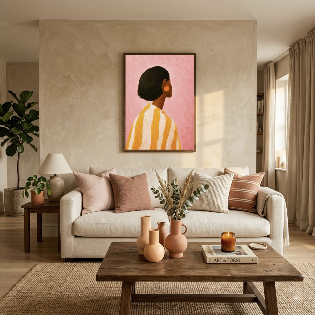 Afrocentric pink and orange wall art displayed above a sofa in a modern neutral living room