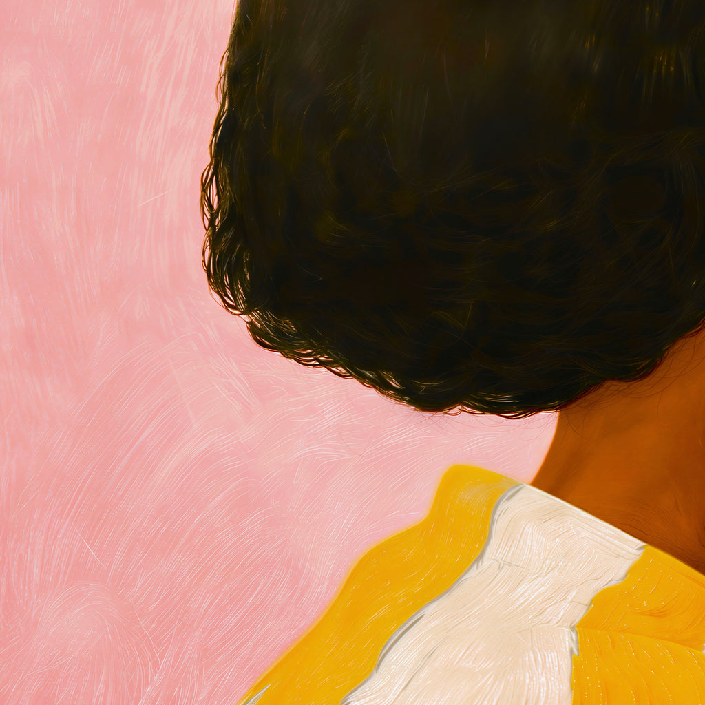Close-up detail of the Black woman’s bob hairstyle, orange flower earring and textured pink background