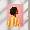 Matte fashion poster featuring a Black woman with a short bob against a textured pink background