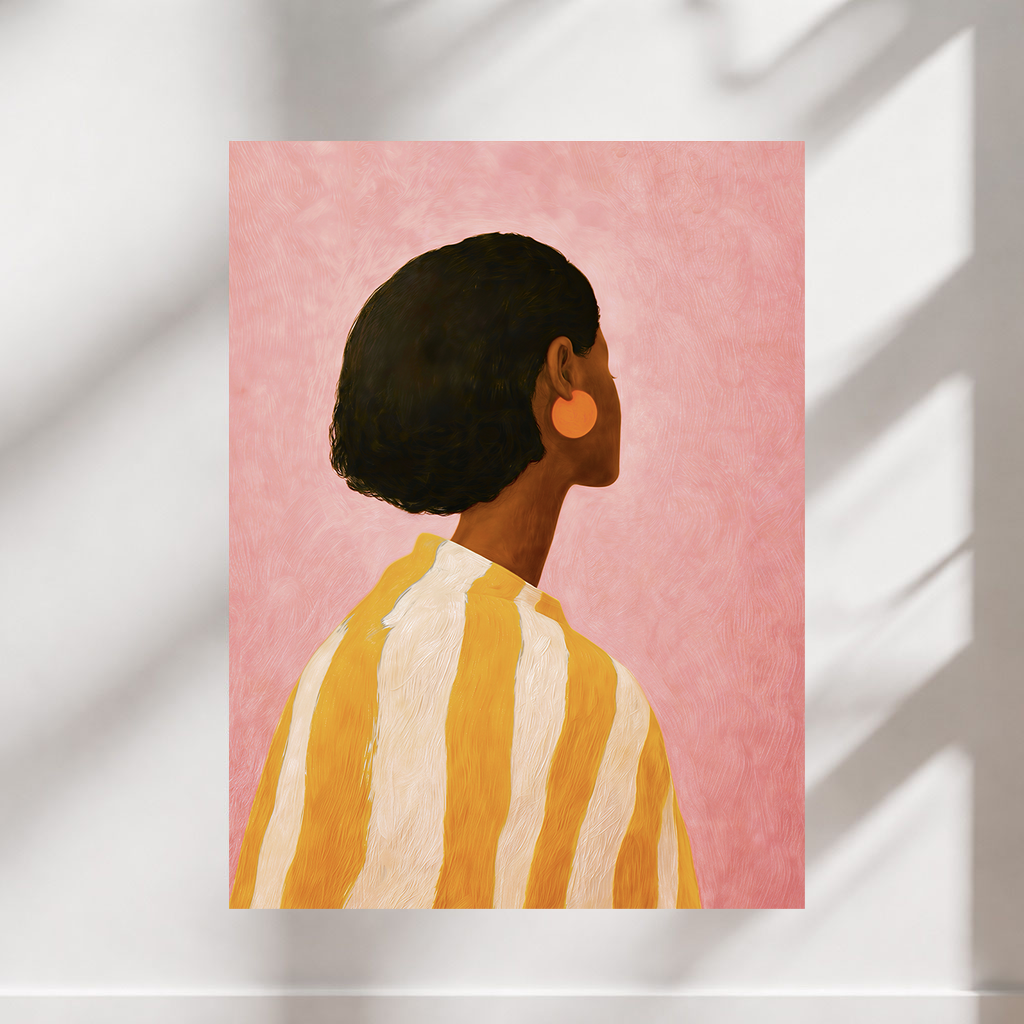 Matte fashion poster featuring a Black woman with a short bob against a textured pink background