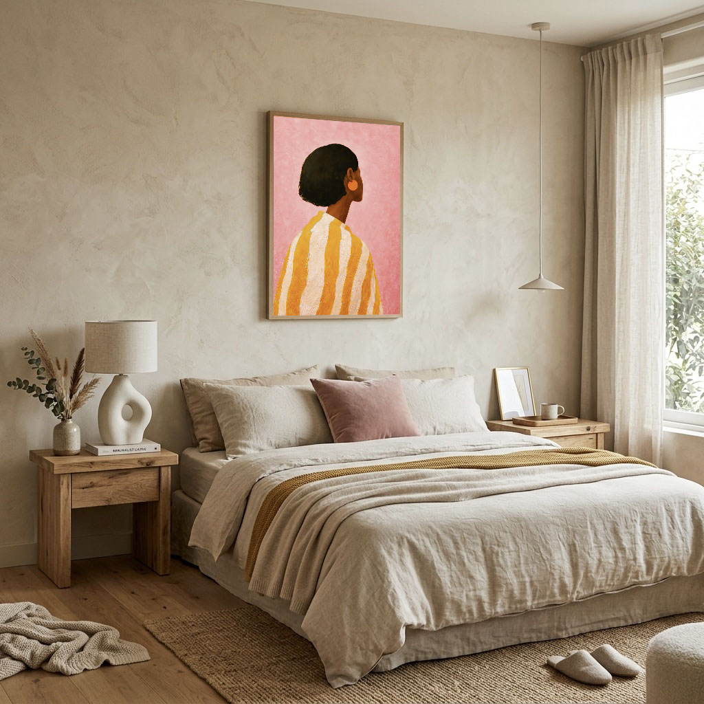 Colourful Black woman portrait displayed above a bed in a softly styled neutral bedroom