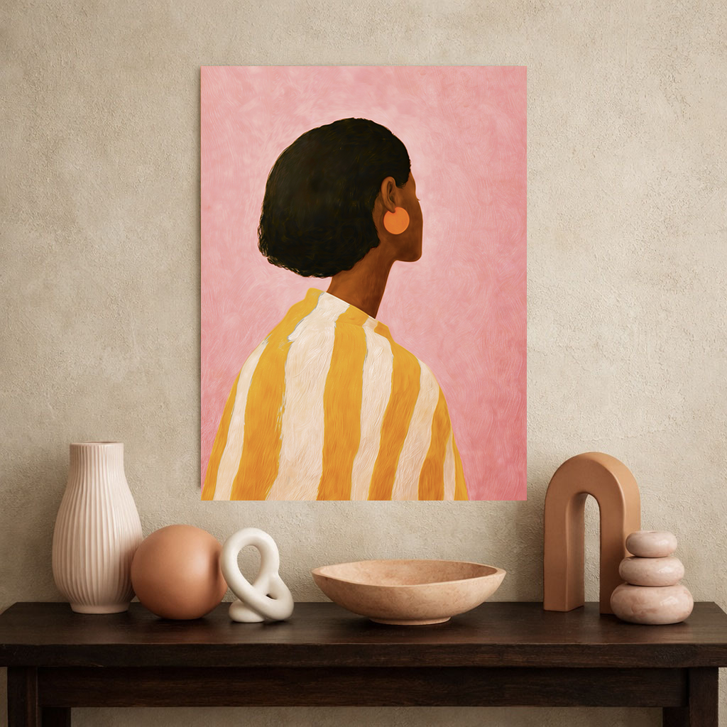 colourful female portrait displayed above a wooden console in a neutral hallway
