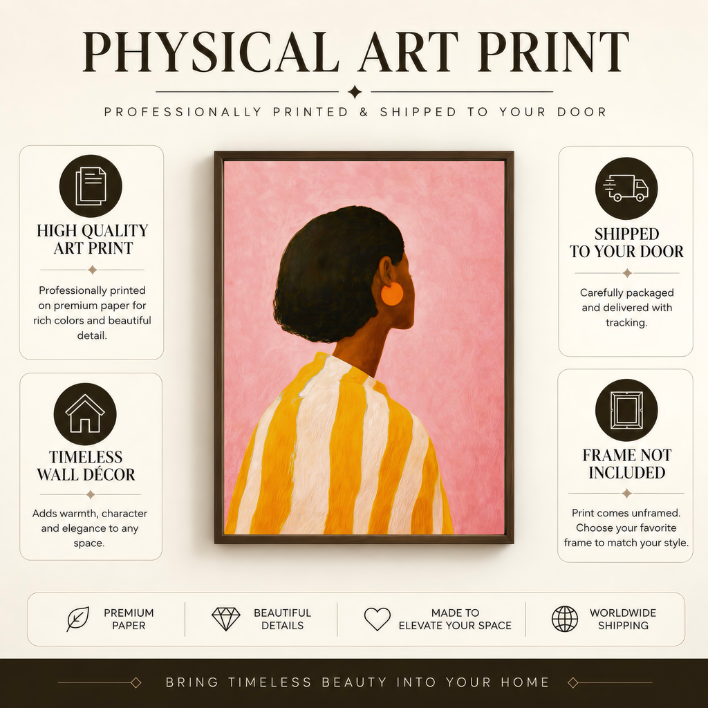 Physical art print information showing a colourful African American woman portrait