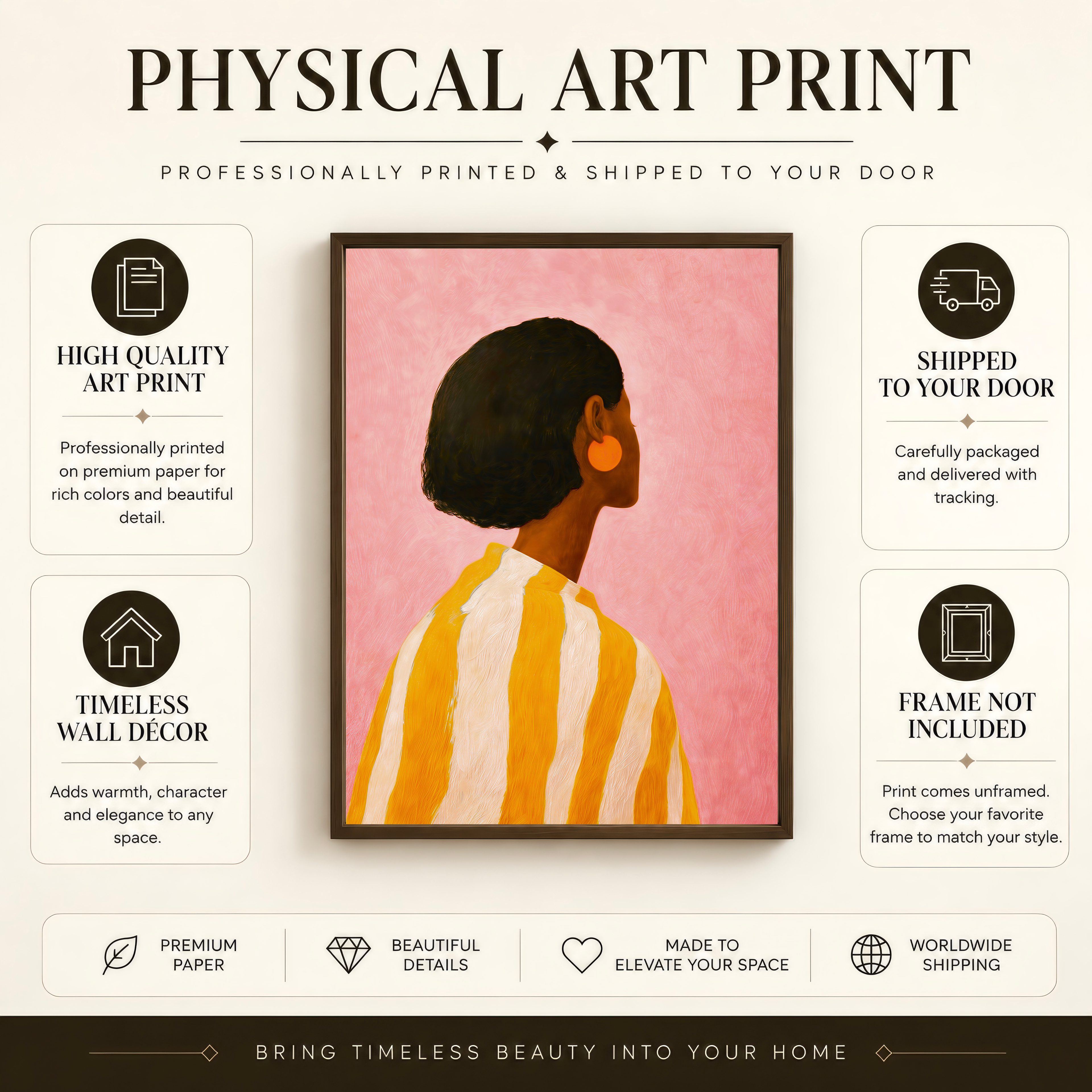 Physical art print information showing a colourful African American woman portrait