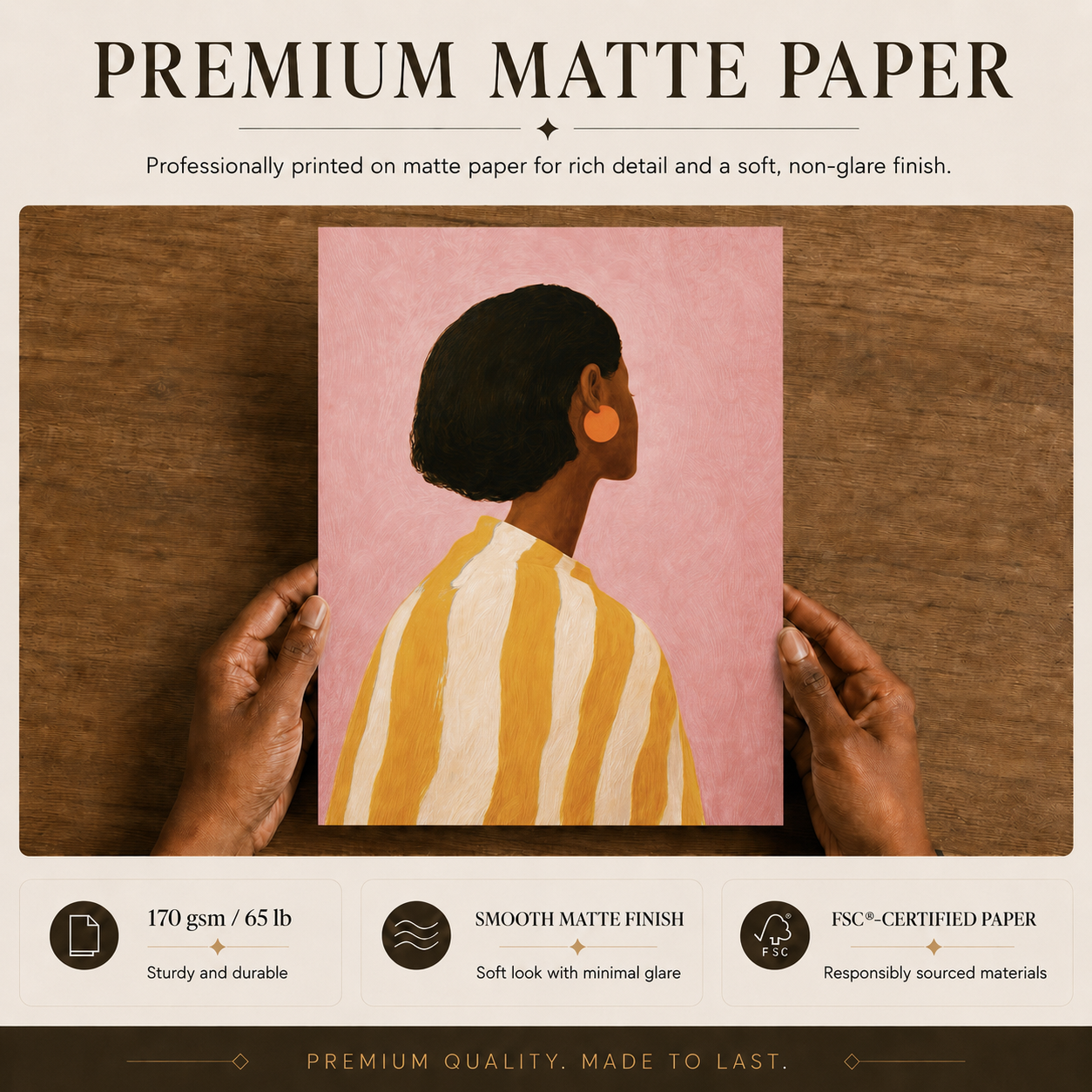 Premium matte paper details for a colourful portrait of a Black woman in an orange striped blouse